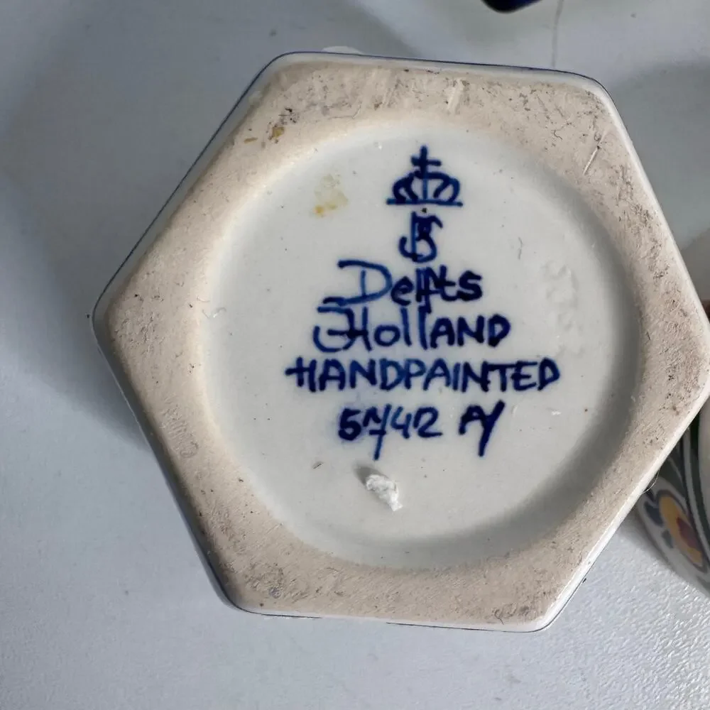 Vintage Set of 2 Delft Holland Floral Hand Painted Round Lidded Trinket Box